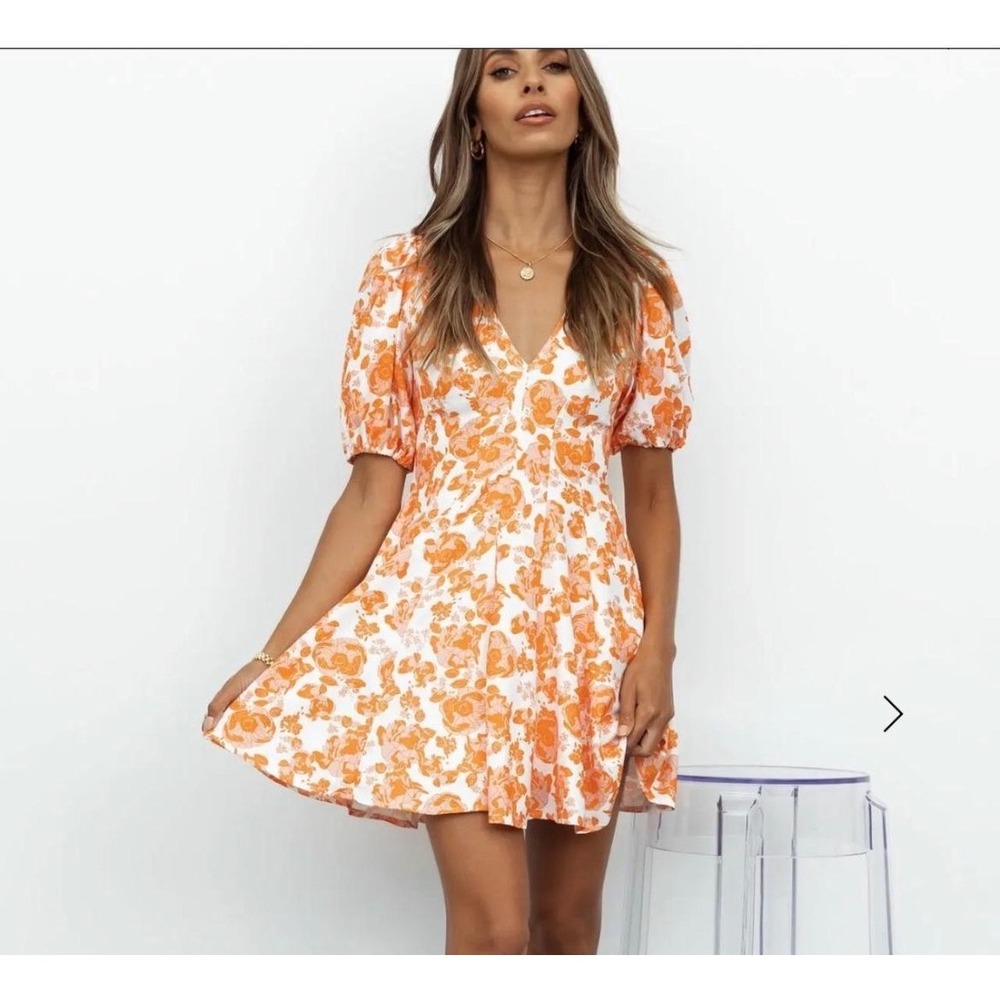Hello Molly Orange Floral V-Neck Puff Sleeve Mini Dress Size 6 M